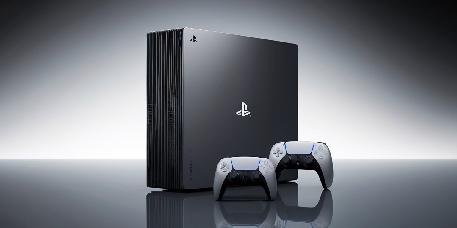 A sleek, modern PlayStation 5 Pro console situated on a minimalist, dark gray, reflective surface, with subtle hints of blue undertones, showcasing its futuristic, angular design and prominent ventilation grills on the sides, the console's main body rendered in a matte, metallic finish with a subtle sheen, accompanied by a pair of matching DualSense controllers, one placed horizontally in front of the console and the other standing vertically beside it, both featuring a prominent, colorful PlayStation logo on the touchpad, with a subtle, elegant curve to their design and a textured grip on the handles, against a clean, gradient background that transitions from a deep, rich black at the top to a faint, silvery gray at the bottom, evoking a sense of sophistication and cutting-edge technology.