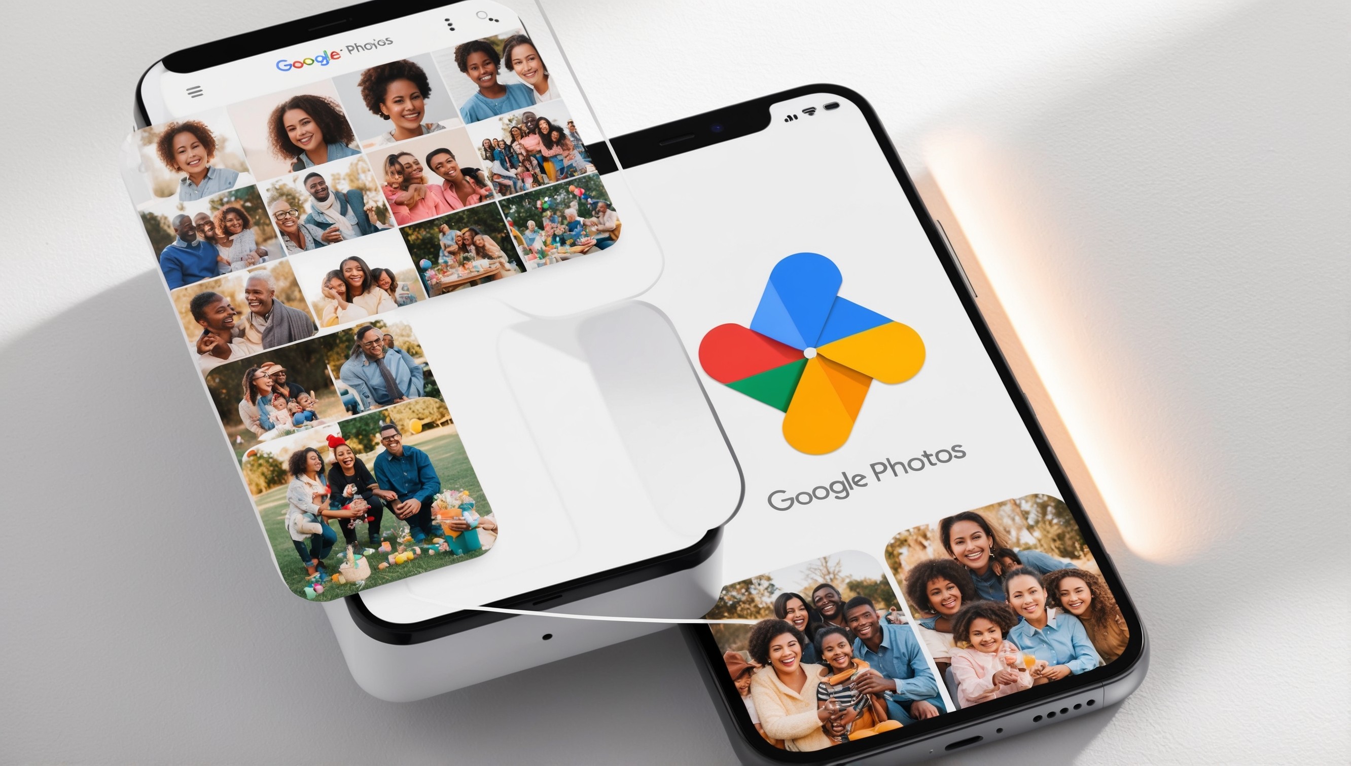 A modern, sleek, and minimalist digital illustration of the Google Photos app on a white background, with a large, centered, and iconic multicolored pinwheel logo, surrounded by a subtle, rounded rectangle frame with a slight shadow effect, on a modern smartphone screen with a subtle glow, showcasing a curated grid of diverse, vibrant, and happy memories, including snapshots of people from different age groups and ethnicities, enjoying outdoor activities and celebrations, with warm, pastel colors and soft, rounded edges, conveying a sense of nostalgia, joy, and comfort, with crisp, clean lines and a touch of subtle texture, evoking a feeling of serenity and organization.