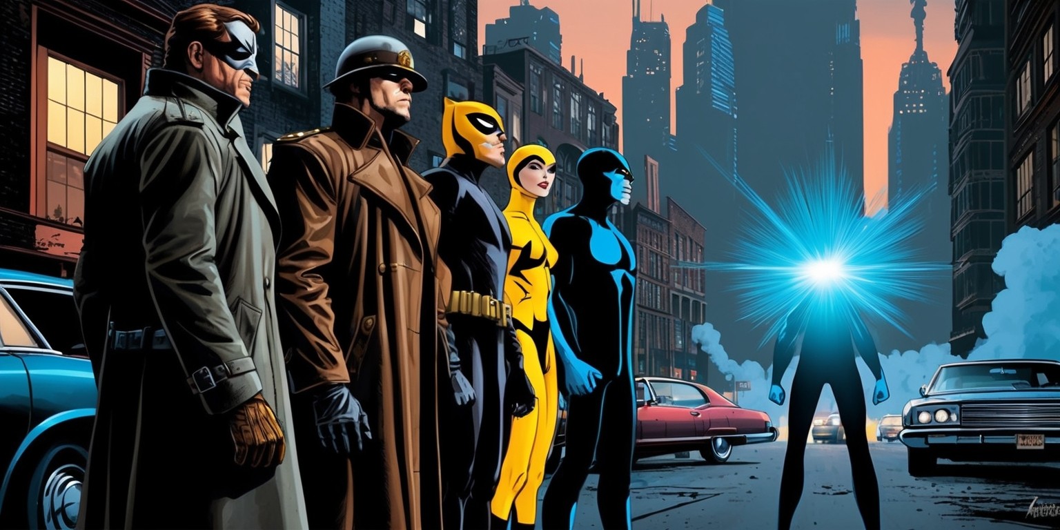 A cinematic scene inspired by the Watchmen movie, set in a dark and gritty urban cityscape at dusk, with a mix of warm and cool colors, featuring a group of complex and flawed superheroes, including Rorschach, Nite Owl, Silk Spectre, and Dr. Manhattan, each with distinct facial features,skin tones, and costumes, with Rorschach wearing a trench coat and mask, Nite Owl donning a brown suit and helmet, Silk Spectre in a black and yellow costume, and Dr. Manhattan radiating a bright blue glow, with a sense of tension and foreboding, as they stand together, gazing out over a cityscape of towering skyscrapers, smoke-filled alleys, and vintage cars, with bold graphic novel-style lines and textures, and a sense of moral ambiguity and social commentary.