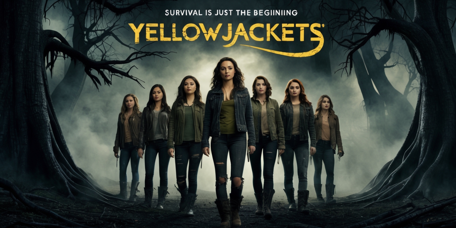 A hauntingly beautiful promotional poster for Yellowjackets Season 3, set against a dark, mysterious forest backdrop with eerie mist swirling around the base of towering trees, their branches like skeletal fingers reaching towards the sky. In the foreground, a group of rugged, determined young women, likely the main characters, stand strong, their faces lit by a faint, golden light, their skin tones ranging from porcelain to olive, with subtle, natural makeup and unkempt, earthy hairstyles. Their clothing is a mix of worn, earth-toned jackets, ripped jeans, and scuffed up boots, giving off a sense of grit and survival. The title Yellowjackets in bold, distressed, golden font, with the tagline Survival is just the beginning written in smaller, curved text above, both blending seamlessly into the organic surroundings. The overall aesthetic is ominous, suspenseful, and captivating, with a blend of earthy tones, deep shadows, and subtle hints of gold, echoing the show's themes of survival, mystery, and female camaraderie.