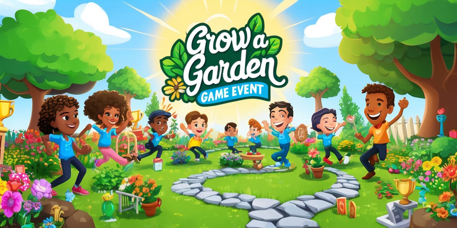A vibrant digital illustration of a whimsical garden scene for the Grow a Garden game event, set against a warm sunny backdrop with fluffy white clouds, featuring a variety of colorful flowers, lush green trees, and winding stone pathways, with several gamers of diverse skin tones and facial features, including a woman with curly brown hair and a man with a bright smile, all eagerly participating in the event, surrounded by gardening tools, trophies, and prizes, with the game's logo prominently displayed in bold, cursive font with leaves and flowers intertwined, in a bright green and blue color scheme, with the event's name written in a fun, playful script above the scene, capturing the joy and excitement of the occasion.