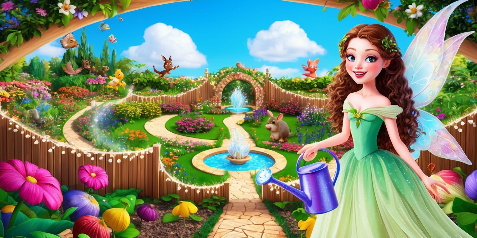 A vibrant, whimsical illustration of a fantastical garden, bursting with colorful flowers, lush greenery, and playful creatures, set against a bright blue sky with fluffy white clouds, depicting a magical world where growth and nurturing are the main objectives of the Grow a Garden game, with intricately designed, curved paths and sparkling fountains, surrounded by a wooden fence adorned with tiny, shimmering lights, and in the foreground, a beautiful, smiling fairy with porcelain skin, rosy cheeks, and long, curly brown hair, dressed in a flowing, pastel green gown, holding a delicate, gemstone-tipped watering can, surrounded by a scattering of vibrant, oversized seeds and sprouting flowers.