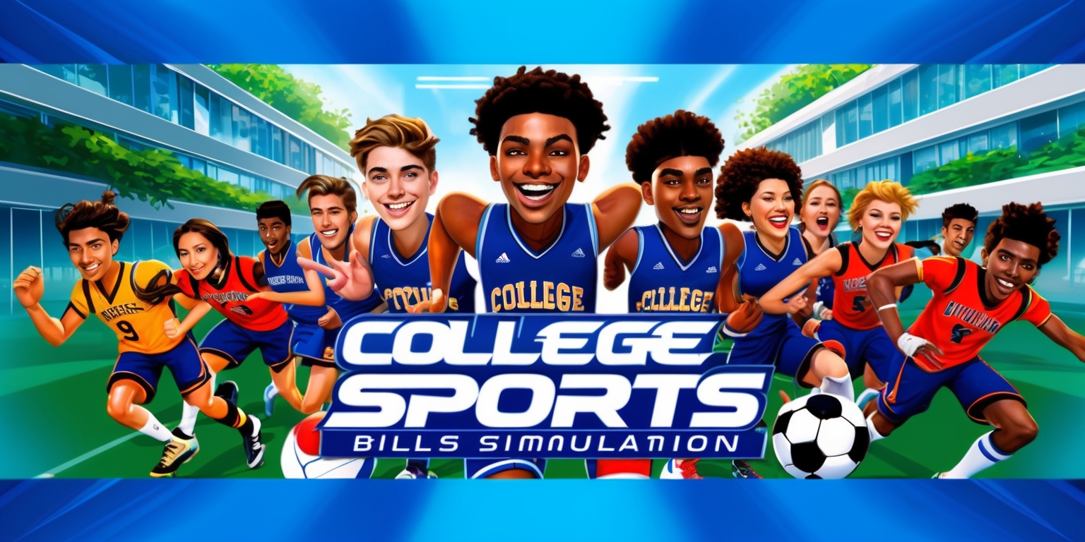 A dynamic digital illustration showcasing a fictional EA Sports College Sports Simulation game, set against a vibrant, with a predominantly bright blue tone, evoking a sense of excitement and competition. The image features a stylized, modern, and sleek college campus in the background, with hints of lush greenery, subtle textures, and a slight depth of field, creating a sense of atmosphere. In the foreground, a group of diverse college students, each with unique facial features, skin tones, and hairstyles, enthusiastically engaged in various sports activities, such as basketball, football, and soccer. The students wear vibrant, bold, and colorful college uniforms, with stylized logos, bold typography, and distinctive team colors. The illustration style blends realistic details with stylized, exaggerated expressions, and dynamic lighting, capturing the energy and camaraderie among the college athletes. The overall composition is balanced, with a clear focus on the students, and subtle visual elements guiding the viewer's attention.