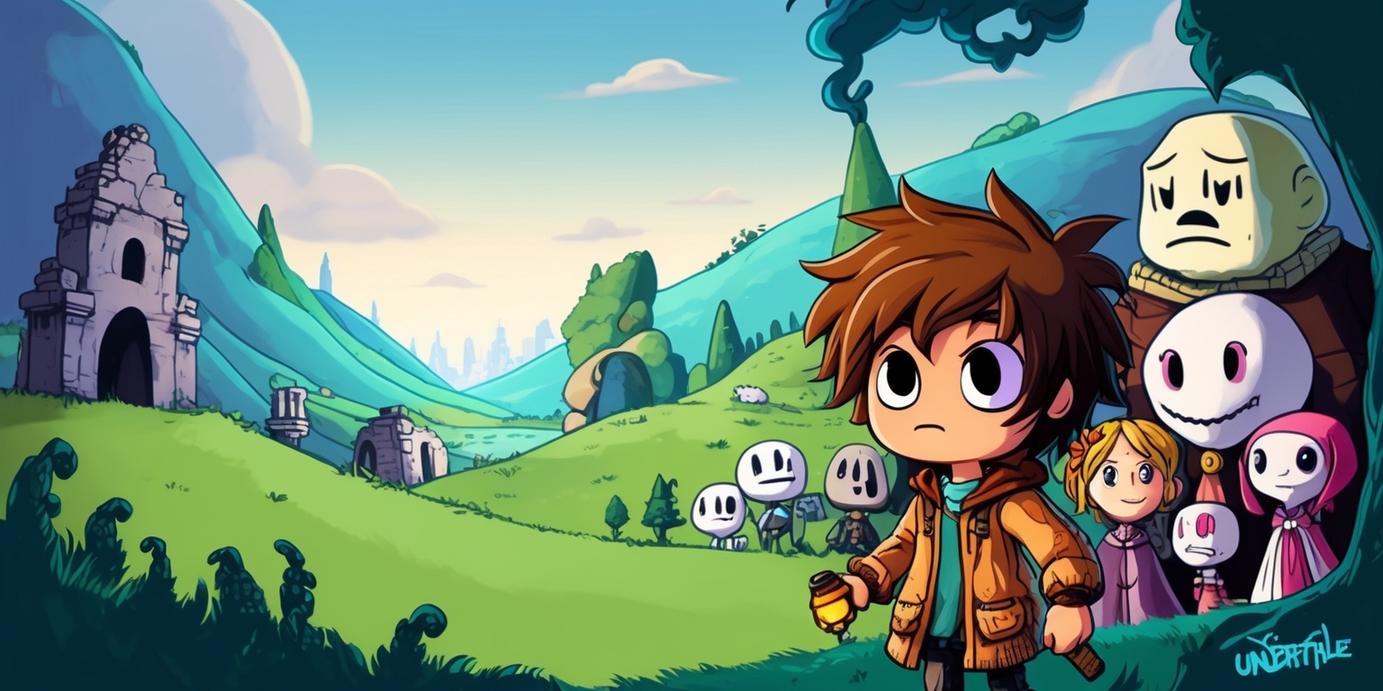 A vibrant, whimsical illustration inspired by the popular video game Undertale, featuring a dreamlike landscape with rolling hills, eerie ruins, and wispy trees, set against a serene, gradient blue sky with subtle, puffy clouds. In the foreground, a depiction of the game's protagonist, a determined-looking human with bright, inquisitive eyes and a mop of messy brown hair, dressed in a worn, earth-toned jacket and carrying a trusty torch. Surrounding the protagonist, a gathering of Undertale's beloved characters, including Papyrus and Sans, each showcasing their unique personalities through expressive facial features and body language. The scene is infused with a sense of wonder, curiosity, and friendship, incorporating subtle nods to the game's themes of morality, choice, and consequence. The style blends traditional and digital media, with bold lines, soft textures, and a playful color palette that evokes a sense of nostalgia and adventure.