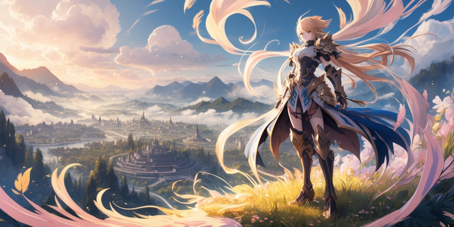 A vibrant, fantasy-inspired illustration depicting the vast, open world of Genshin Impact, set against a backdrop of misty mountains and lush forests, with sprawling cities and ancient ruins in the distance, all bathed in a warm, golden light, evoking a sense of adventure and mystery, featuring a prominent figure of the game's protagonist, Diluc, or Kaeya, or both, standing heroically, clad in intricately designed armor, with their unique abilities and elemental powers radiating from their bodies, surrounded by wispy clouds and leaves, with elegant, swirling wind patterns and subtle, shimmering effects, rendered in a stunning, anime-style artwork with bold lines, delicate textures, and vivid, pastel colors, blending traditional and digital media, with a sense of movement and energy, as if the scene is about to unfold, inviting the viewer to step into the world of Teyvat.