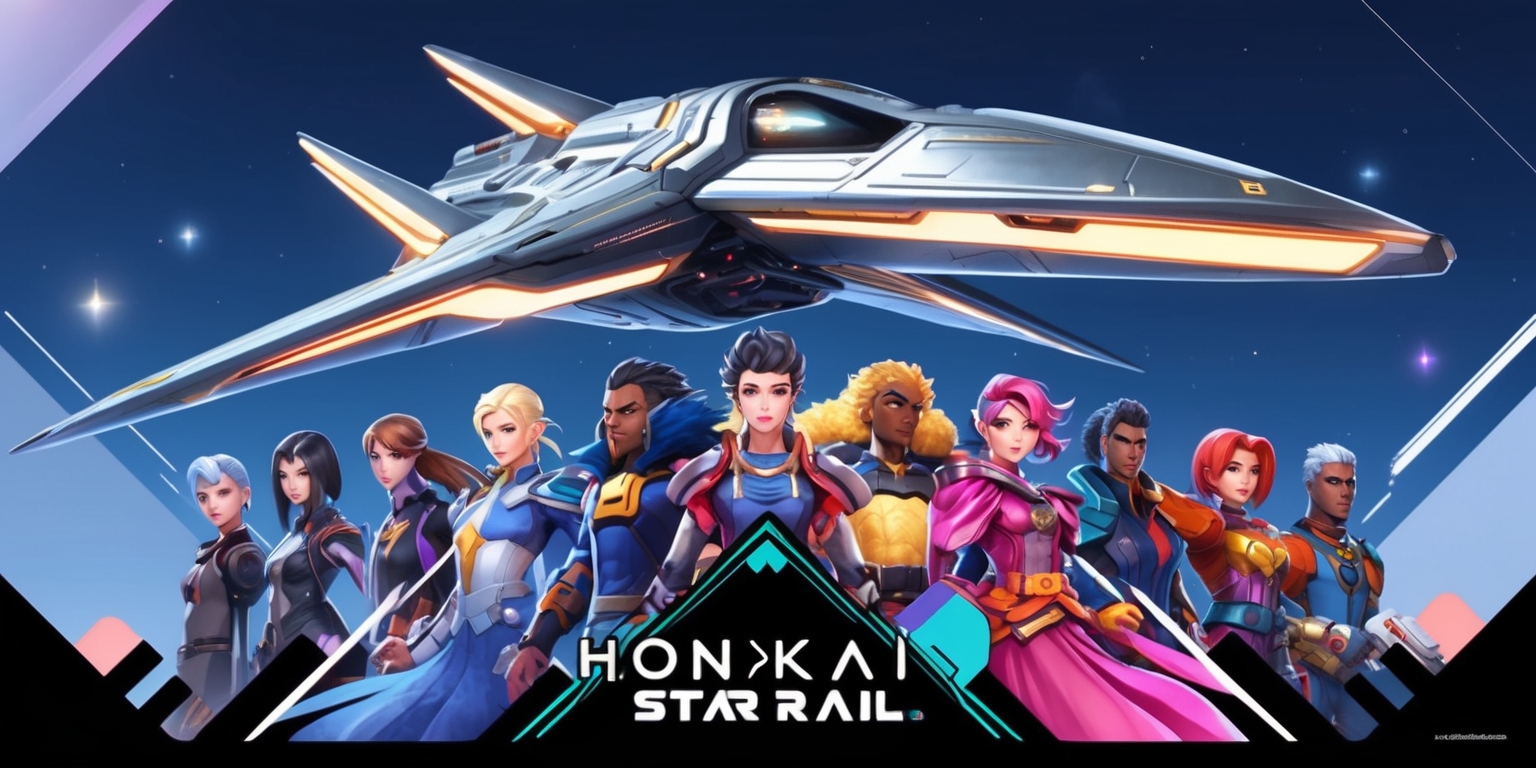 A vibrant, futuristic digital illustration of the Honkai: Star Rail game, set against a starry night sky with subtle, shimmering nebulae. The composition features a prominent, sleek spaceship, its metallic body adorned with intricate, glowing accents and angular lines, evoking a sense of advanced technology and intergalactic travel. In the foreground, a diverse group of characters from the game are arranged in a heroic pose, each with unique facial features, skin tones, and hairstyles. The characters' attire is a blend of sci-fi and fantasy elements, with bold, vibrant colors and flowing fabrics. The overall aesthetic is dynamic, with a mix of soft, gradient-like lighting and sharp, geometric shapes, capturing the essence of the game's blend of exploration, combat, and character customization. The background is a deep shade of indigo, with scattered, twinkling stars and faint, wispy clouds, adding depth and atmosphere to the scene.