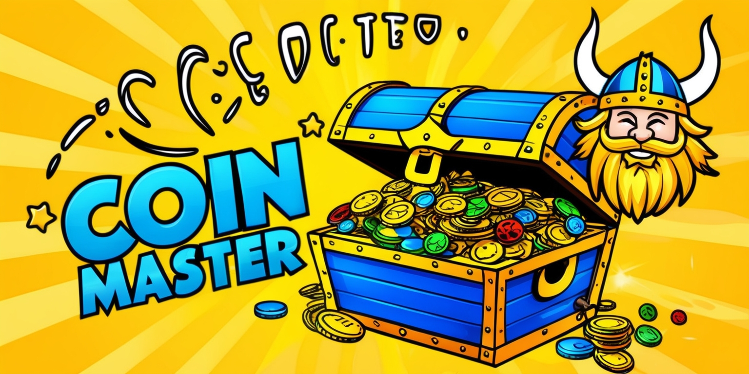 A colorful illustration of a fictional coin-themed game, Coin Master, featuring a vibrant blue treasure chest overflowing with coins, jewels, and other treasures, set against a bright, sunny yellow background, with bold, playful typography in a curved line above the chest, with the game's logo, a stylized golden font with a smiling, cartoonish Viking character wearing a horned helmet, boasting a bushy, golden beard, and a wide, cheerful grin, with a few coins and stars scattered around the composition, creating a sense of excitement and celebration.