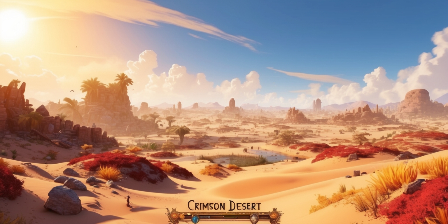 A vast, vibrant landscape set in the Crimson Desert game, with intricate details and textures, featuring a mixture of sandy dunes, rocky formations, and oases, under a bright, sunny sky with a few wispy clouds, illuminated by warm, golden light, with a sense of adventure and exploration, incorporating elements of fantasy and mythology, with possibly a few characters or creatures in the distance, with a focus on the game's unique art style, blending traditional and modern elements, and a color palette dominated by shades of red, orange, and yellow, with subtle hints of blue and green, and a sense of depth and dimensionality, with the entire scene rendered in stunning, high-resolution detail.