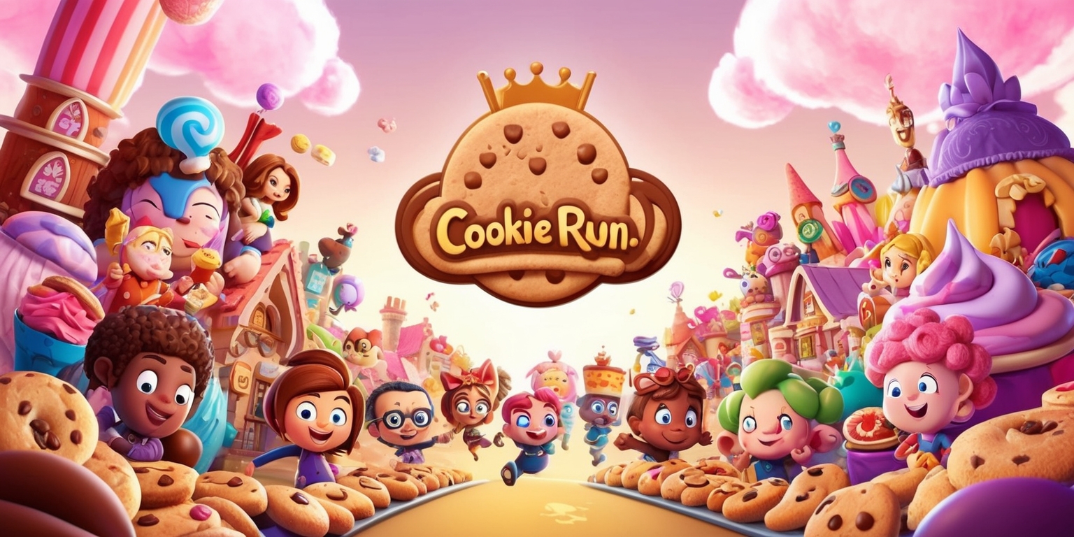 A vibrant, whimsical illustration of the bustling Cookie Run: Kingdom game, set against a warm, pastel-hued sky with cotton candy clouds, featuring a variety of beloved characters, each with unique facial features and skin tones, surrounded by delectable treats and cookies, in a mix of cartoonish and fantasy-inspired architecture, with intricate details and textures, showcasing the game's delightful and colorful world, with bold lines, soft shapes, and a sense of movement and energy, as if the characters are about to jump out of the scene, with the game's logo, a stylized, golden cookie with a regal crown, proudly displayed in the center, in a curved, modern sans-serif font, with subtle shadows and highlights that add depth and dimensionality to the image.