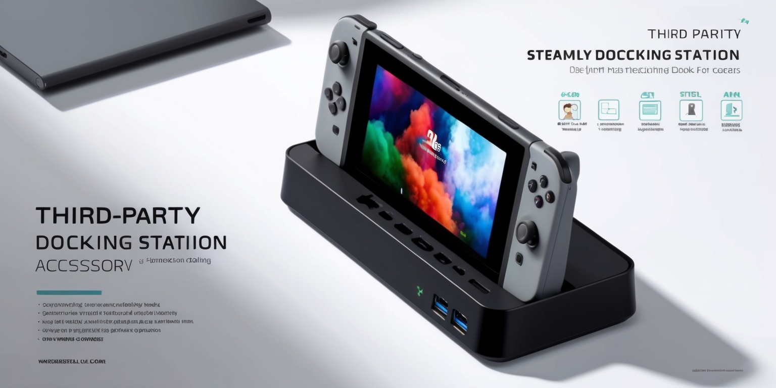 A sleek third-party docking station accessory for a modern handheld gaming console, featuring a compact design with a matte black finish, multiple USB ports, an HDMI output, and a subtle LED indicator, placed on a clean white background with the console docked in, showcasing its design, usability, and connectivity, with a focus on the docking station's premium materials, precise engineering, and seamless integration with the gaming console, highlighting its strengths and compromises in a real-world gaming setup, with the console's screen displaying a vibrant game scene, and the docking station's logos and text labels presented in a modern, minimalist font style, with a color scheme that complements the console's brand identity.
