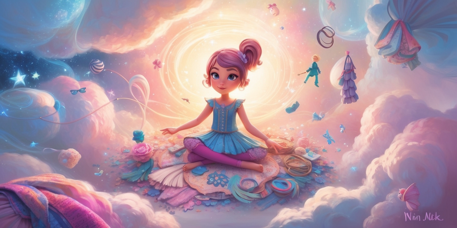 A dreamy, fantastical illustration of Nikki, the protagonist from the Infinity Nikki game, sitting in a whimsical, ethereal landscape filled with swirling clouds, shimmering stars, and glowing nebulas, surrounded by floating fragments of fabric, hair accessories, and other whimsical items from her dresser, with a soft, warm light radiating from her, as if she's transcended into a world of infinite possibilities, featuring a mix of delicate, hand-drawn lines and vibrant, pastel colors, with subtle texture and gentle, feathery brushstrokes, capturing the sense of wonder and curiosity that defines Nikki's adventures.