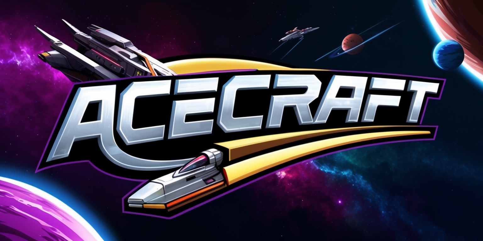 A futuristic sci-fi themed illustration of the Acecraft game, featuring sleek spaceships and vibrant planetary environments, with a mix of earthy tones and neon colors, set against a dark blue and purple galaxy background, the game's logo prominently displayed in bold, metallic lettering with a silver and gold color scheme, the text Acecraft written in a curved line above a stylized image of a spaceship, with sharp lines and geometric shapes, the overall style inspired by classic video games, with a sense of action and adventure, and a focus on the thrill of exploration and competition.