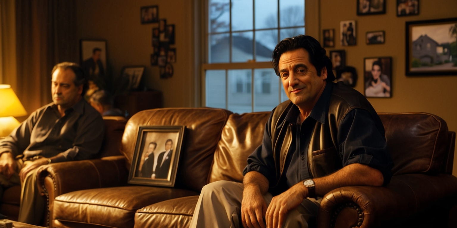 A nostalgic scene from the iconic television series The Sopranos, set in the late 1990s and early 2000s, with a warm and moody atmosphere, evoking a sense of nostalgia and drama. The image features the main characters, including Tony Soprano, a middle-aged Italian-American man with a rugged face, dark hair, and a subtle smirk, sitting on a worn, brown leather couch in his living room, surrounded by family photos and nostalgic memorabilia. The room is dimly lit, with warm, golden tones and soft shadows, reflecting the show's gritty, realistic style. In the background, a glimpse of the New Jersey suburbs can be seen through the window, with a faint outline of trees and houses. The overall tone is melancholic, with a touch of humor, paying homage to the show's blend of drama, comedy, and crime.