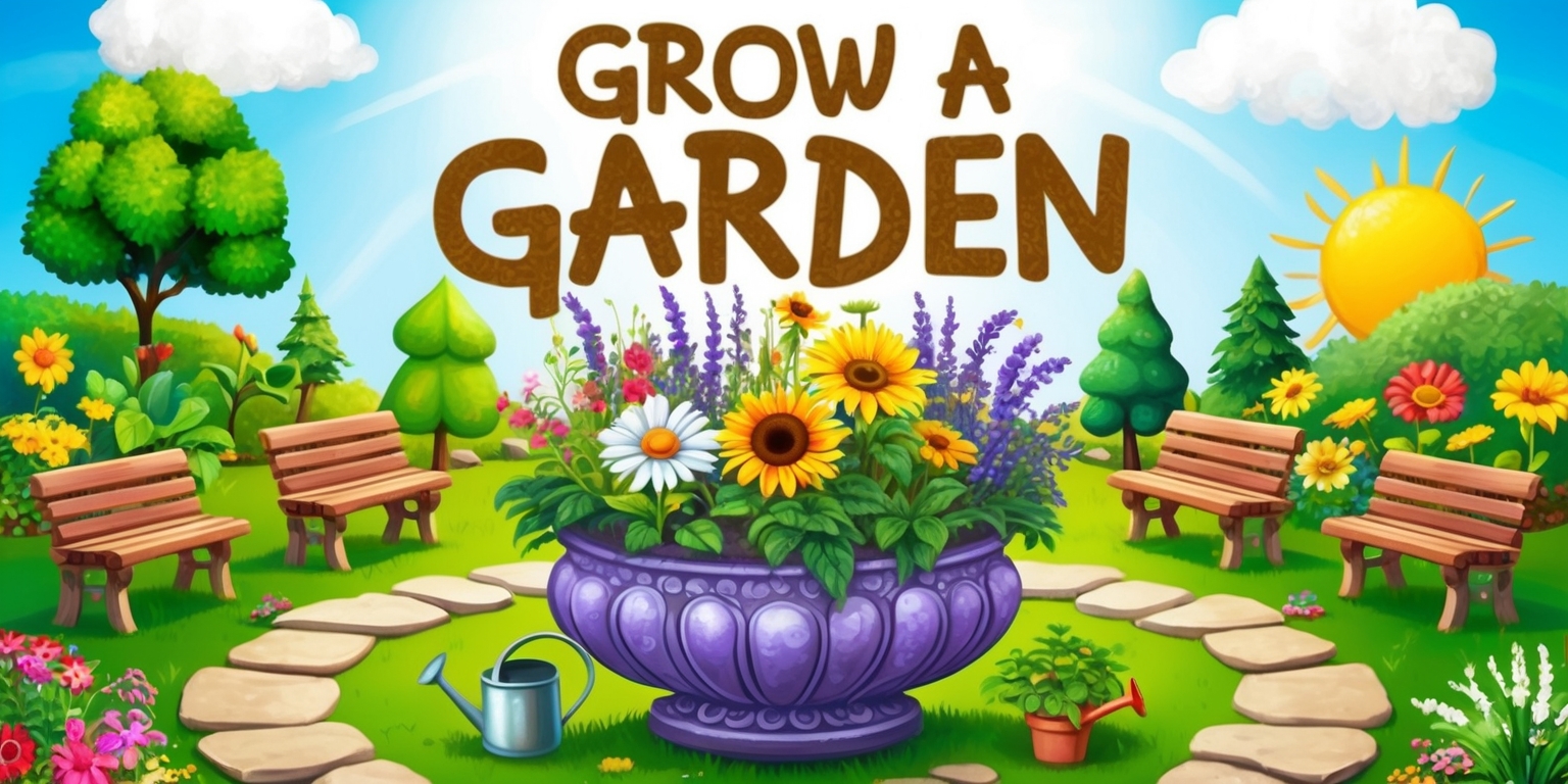 A whimsical illustration of a Grow a Garden game, showcasing a vibrant, lush landscape with various colorful flowers, plants, and trees sprouting from the earth, surrounded by wooden garden benches, stone pathways, and a bright sunny sky with fluffy white clouds. In the center, a large, ornate planter overflows with an assortment of blooming flowers, including daisies, sunflowers, and lavender, with a few gardening tools and a watering can scattered about. The game's title, Grow a Garden, is emblazoned across the top in bold, cursive script, with a playful, handwritten font and a warm, earthy color scheme, complete with subtle texture and natural textures, evoking a sense of growth and harmony.